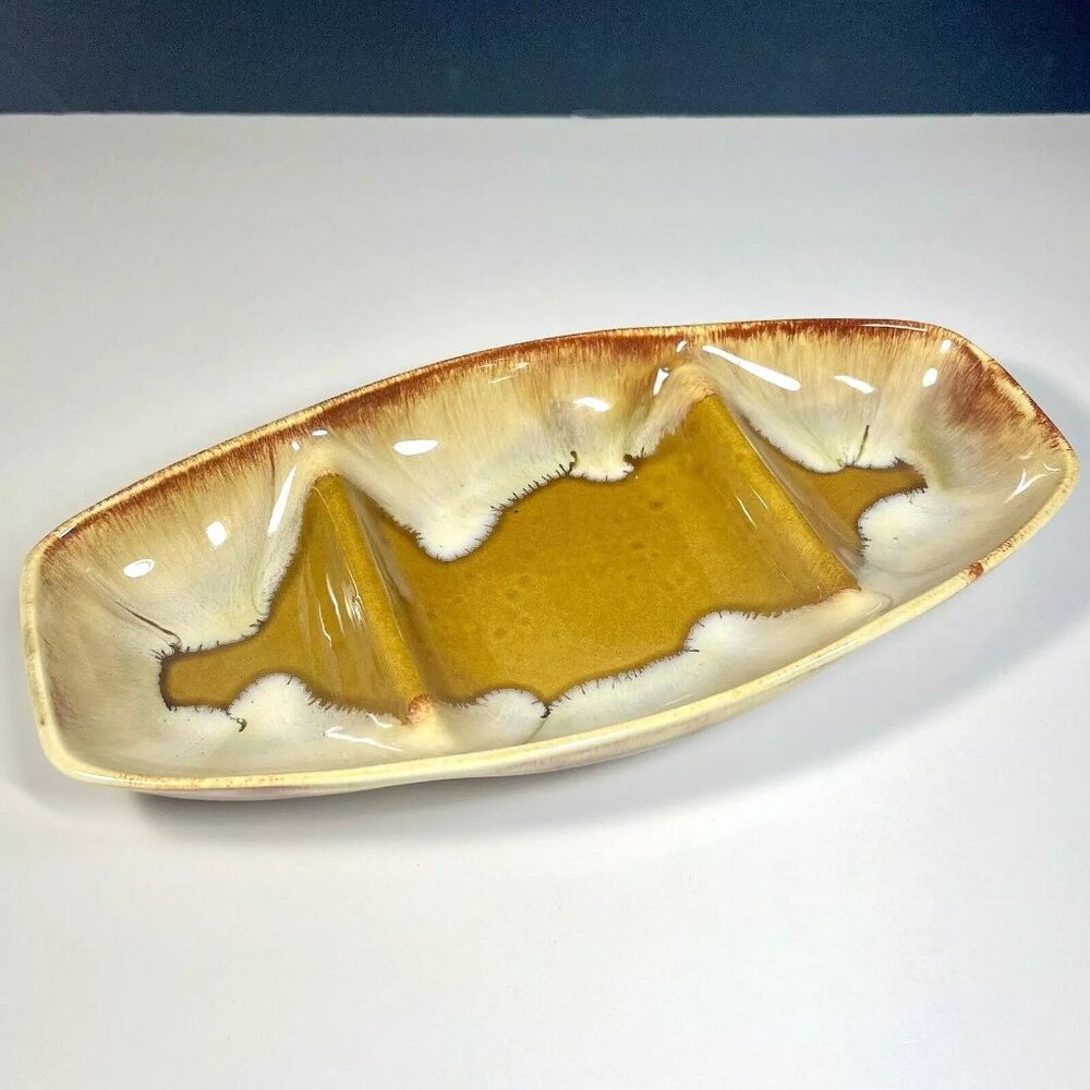Dryden Pottery Drip Glaze Divided Serving Dish Relish‎ Trinket Tray Ozarks Ark